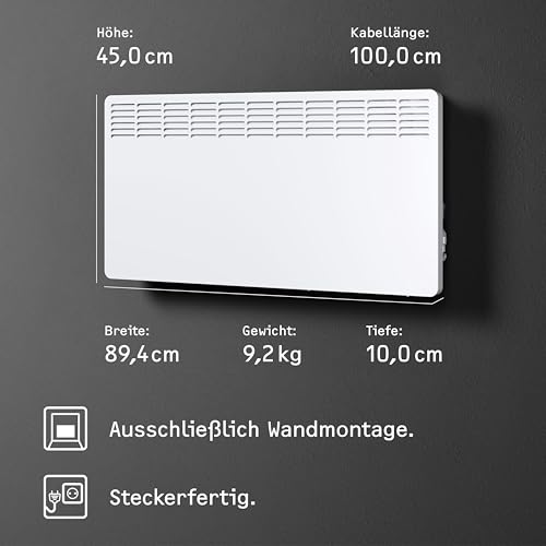 STIEBEL ELTRON Konwektor ścienny CNS 250 Trend, 2,5 kW na ok. 30 m², certyfikat TÜV, wyświetlacz LCD, timer tygodniowy, ogrzewanie elektryczne energooszczędne, 236529