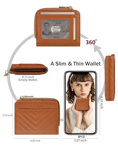 Image of Small Bifold Wallets Woman RFID Mini Wallet for Women Slim Card Holder with Zipper Coin Pocket & 2 ID Windows (Brown)