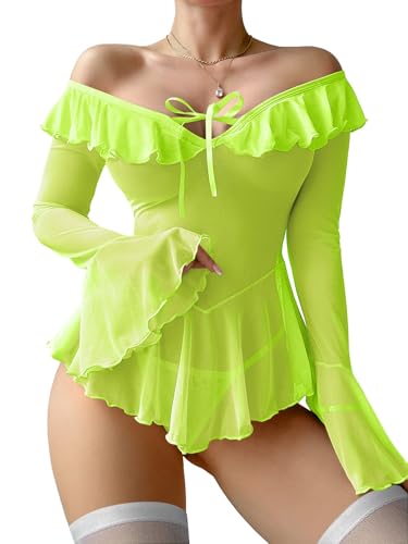 Image of Foxiny Sheer Ruffle Long Sleeve Babydoll Lingerie Dress | Off-shoulder neckline, flared cuffs and a flounce hem add movement; thong and thigh-high stockings complete the 3-piece set