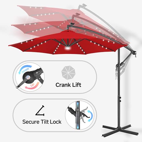 Image of Solar Offset Patio Umbrella - 10 FT Solar Cantilever Umbrella Outdoor with 40 LED Lights and Cross Base, UV Protection for Garden, Deck, Backyard, Pool, Porch, Red