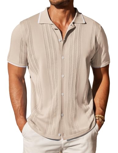 COOFANDY Men's Knit Button Down Shirt Vintage Short Sleeve Polo Shirts Casual Beach Tops Khaki