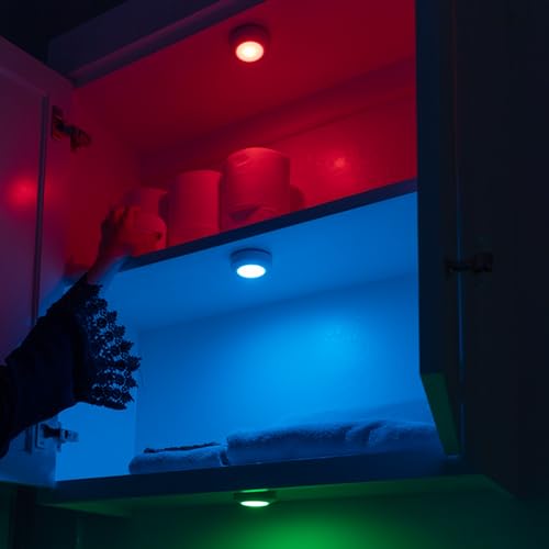 Amazon Basics LED Puck Lights, Color Changing, Battery Operated, IR Remote, 40 Lumens, Under Cabinet Lighting, Wireless Stick on Lights, Ideal for Closets, 2-Pack, White view 3