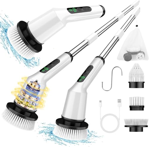 Electric Spin Scrubber,Cordless Shower Cleaning Brush IPX7 Waterproof with 3 Replaceable Brush Heads, Adjustable Extension Handle and Power Dual Speed,Power Scrubber for Bathroom Tub Tile Floor Car 5