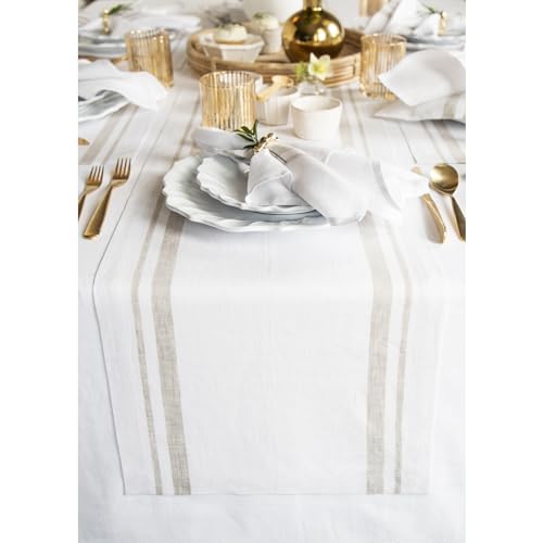 Solino Home Linen Table Runner 90 Inches Long - French Stripe, 100% Pure Linen Natural and White Farmhouse Table Runner 14 x 90 Inch Ideal for Dining, Spring, Summer by Solino Home - Used condition - US$12.73