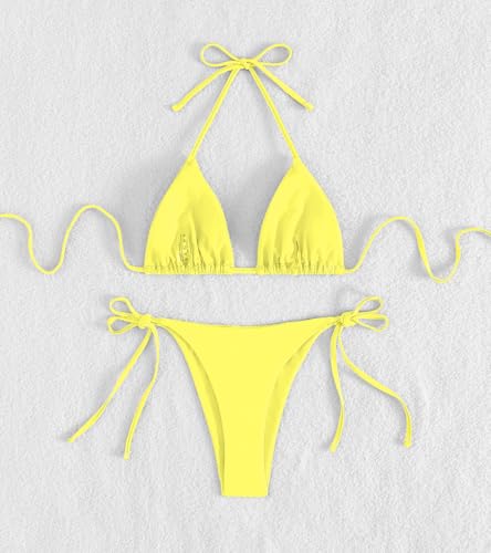 Image of Tainehs Women's Sexy Halter Thong Bikini Tie Two Sides Bottom Triangle Bikini Swimsuits