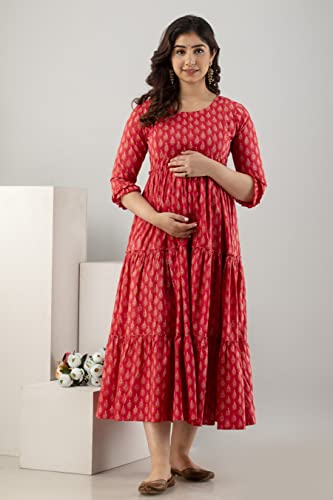 Image of Women's Cotton Anarkali Comfortable Maternity Feeding Kurta Dress with Zippers