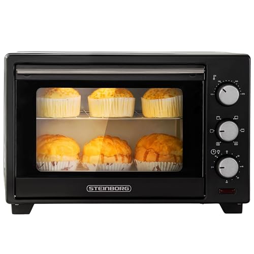 Steinborg® 25 Liter Mini Backofen mit Umluft Pizza Ofen inkl. Backblech und Grillrost Miniofen 60 Min. Timer – 1.600 Watt