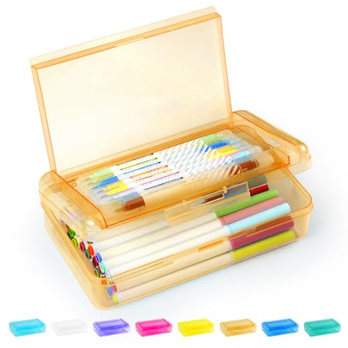 Sooez Double Layer Pencil Box, Large Hard Pencil Case Organizer, Clear Plastic Crayon Box for Girls and Boys, Colored Marker Organizer, Small Plastic Containers/Bins with Lids, Art Supply Storage