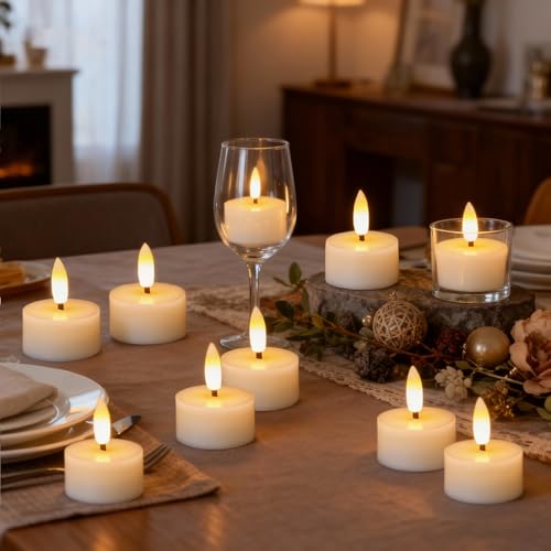 Image of GenSwin Real Wax Tea Lights Candles Battery Operated, Flameless LED Tealights Candles with 6H Timer, 10 Pcs Battery Tea Lights with 3D Flame for Christmas Holiday Home Decor(Ivory, D1.6 inch x H2 inch)