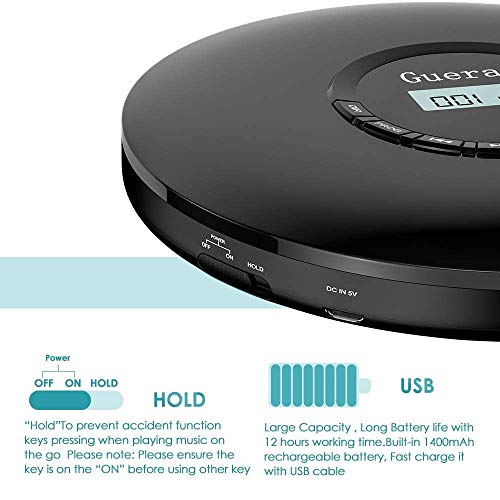 Gueray CD Player tragbar mit 1400 mAh Akku und Kopfhörer Tragbare CD-Player mit 3,5 auf 3,5 mm AUX-Kabel für Kinder… - Image 5