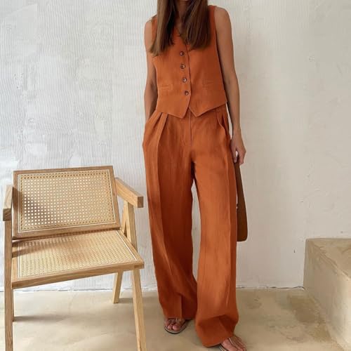 Business Casual Outfits for Women Linen Matching Set Vest and Pants Set Jumpsuits V Neck Blazer Sets Women 2 Piece Outfit3
