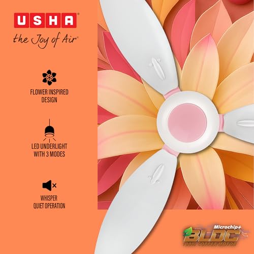 Image of USHA Bloom Lily Glow BLDC Ceiling Fan with 3-Mode Underlight | RF Remote | 100% Copper Motor | Whisper-Quiet |Dust-Resistant |BEE 5 Star Rated |3-Year Motor & 2-Year PCB Warranty | White & Light Pink
