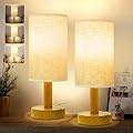 Small Cordless Touch Bedside Table Lamps Set of 2,Minimalist Dimmable Battery-Powered Desk Lamps with Round Fabric Linen Shade,Mini Nightstand Warm Night Lights for Bedroom,Home,Living Room,Office