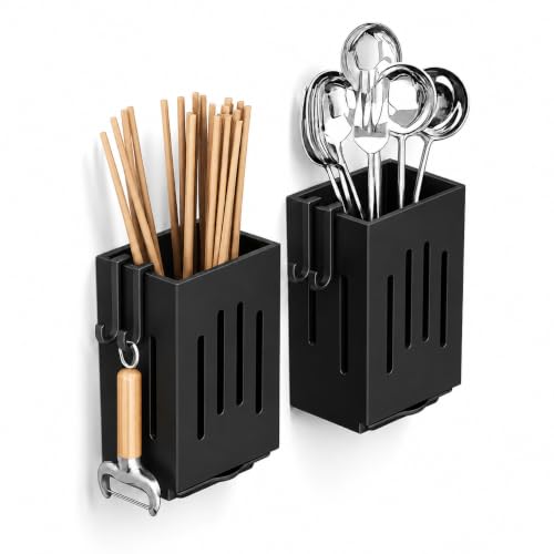 Image of KitchAntiqueWall Mounted 2 Pc Utensil Holder with Hooks | Self Draining Cutlery Organizer, Adhesive Installation | Waterproof Kitchen Spoon Chopstick Storage Rack for Countertop & Wall Use (Black)