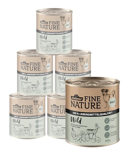 Dehner Fine Nature Hundefutter, Nassfutter in Lebensmittelqualität, für ausgewachsene Hunde, Wild, 6 x 800 g Dose (4.8 kg)