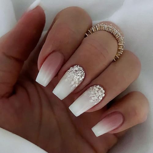 Acrylic Press on Nails Medium Coffin Fake Nails Glossy Glue on Nails White Pink Gradient Acrylic Nails Fall Winter False Nails with Glitter Designs Artificial Stick on Nails for Women 24Pcs