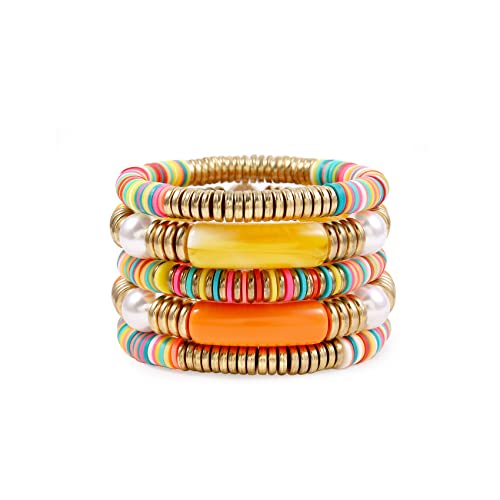 Yellow Grey Bamboo Tube Bangles Bracelet Chunky Curved Stacking Clear Acrylic Colorful Beads Stretchable Friendship Gold Bracelets Gifts For Bestfriends, Couple, Family Members, Siblings, Sister, Lover #TOP9
