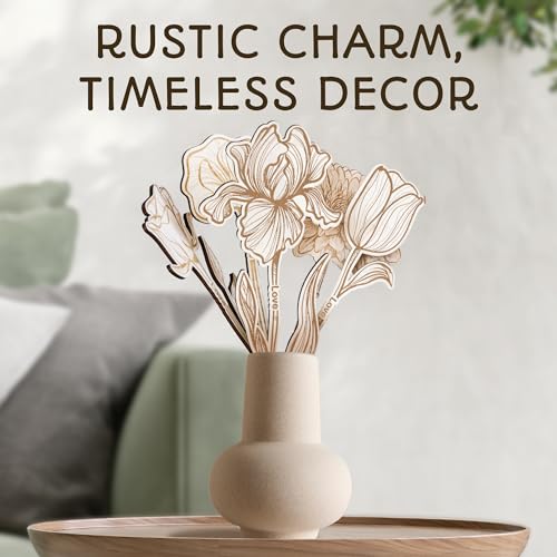 Image of WOODAMORE Wooden Flowers Bouquets - Wood Flowers with Stems, Unfinished Wooden Flower Cutouts Birthday Gifts for Her, Laser Cut Wood Flower Bouquet Wedding, Christmas, Birthday Decoration