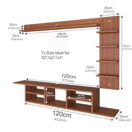 Image of Anikaa LED Light TV Unit Wall Mounted TV Unit Wall TV Cabinet for Living Room, Set Top Box Stand - Walnut (D.I.Y - Do-It-Yourself) Ideal for up to 43 inch inches