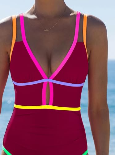 Image of popvil Women One Piece Swimsuit 2026 Tummy Control Sexy Cutout Neon Color Block Bathing Suit Slimming Adjustable Swimwear