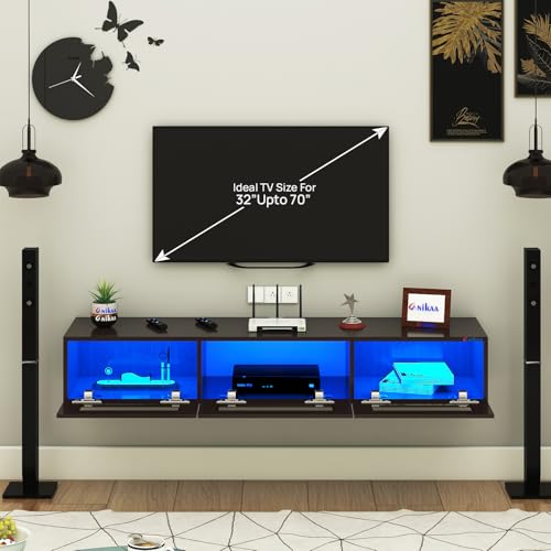Image of Anikaa Rayza Wall Mount Modern Floating TV Unit for Living Room | 3 Closed Storage cabinets with hinged Door -3 Blue LED Light | Ideal for UP to 65 Inch TV (Wenge Finish - DIY Installation)