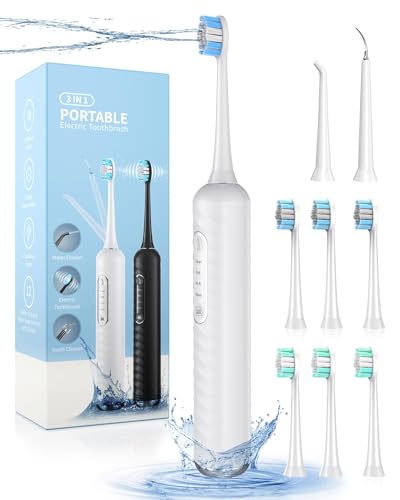 Electric Toothbrush with Water flosser, 3 in 1 Teeth Cleaning Kit with 7 Modes, Electric Toothbrush and flosser Combofor Adults, Water Flosser Portable for Travel and Home (White)