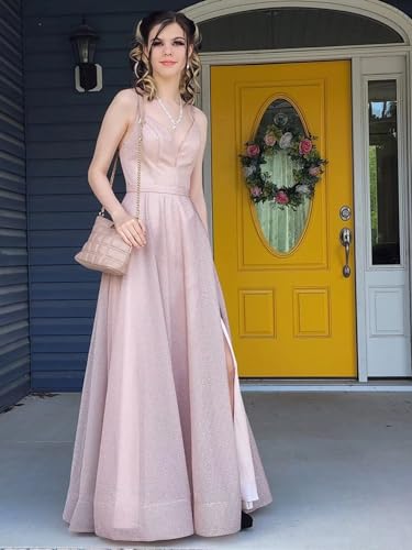 Image of Women's Glittery Spaghetti V-Neck Prom Dresses Long A Line Bridesmaid Dresses Side Split Formal Evening Gowns Light Green,US14