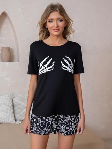 Leevuyu Women Halloween Pajamas Skeleton Short Sleeve Tops and Shorts Scream Pajamas Halloween Pajama Pjs Black S - image 3
