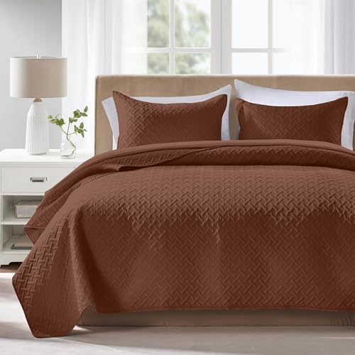 FLYMME King/Cal King Size Quilt Bedding Set, Brown Lightweight Microfiber