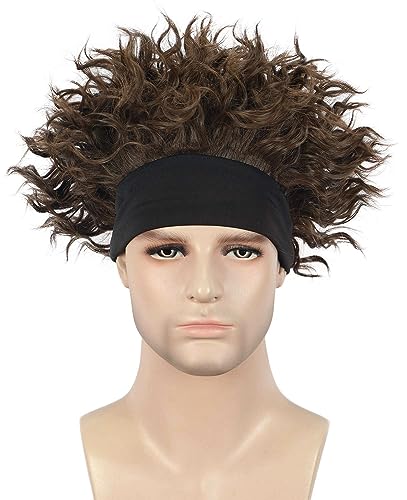 karlery Adult Men Short Curly Brown Wig with Black Headband Football Fans Costume Halloween Cosplay Wig