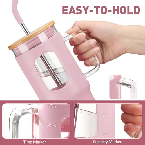 WINSA Glass Tumbler with Straw and Lid, 32 oz Glass Cup with Handle, Glass Water Bottles with Time Marker, 2 Straws - Pearl Straw & Drinking Straw Silicone Protective Sleeve-Pink by WINSA - Used condition - Image 3