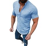 Generic Herren Stehkragen Kurzarm Einfarbig Shirt mit Knopfleiste Arbeitshemd Schnelltrocknendes Atmungsaktiv Strandhemd Tops Baumwolle Regular Fit Freizeithemden Strand Oberteile