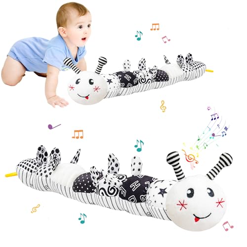 Image of Infant Baby Musical Caterpillar Stuffed Animal Toy-Black White Design/Caterpillar Plush Toys,Multi-Sensory Textures,Crinkle,with Ruler and Ring Bel,Educational Development Newborn Tummy Time Toys,