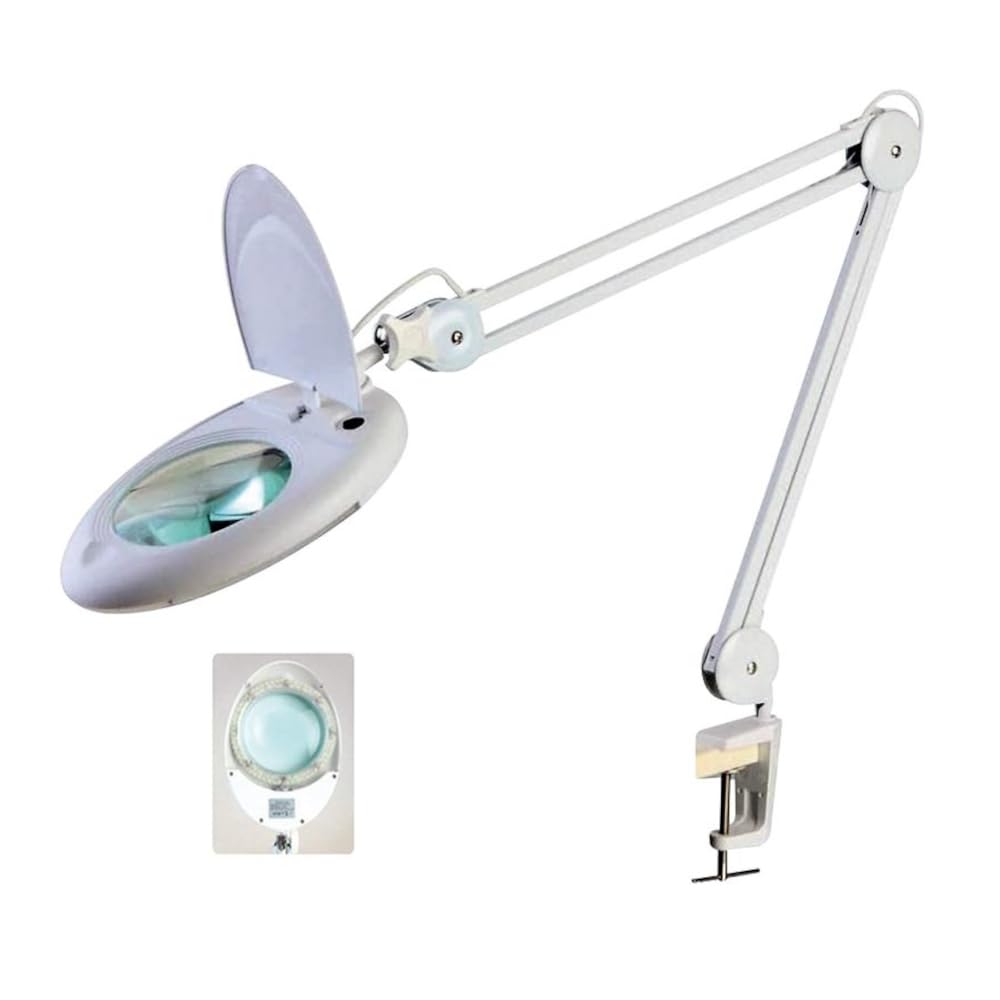 Lampada con Lente Ingrandimento 5 Diottrie Tavolo, Lampada 80 LED SMD 15W Professionale Estetica, Laboratorio e Precisione, Braccio Snodabile Metallo 86cm con Morsetto Scrivania 1500lm