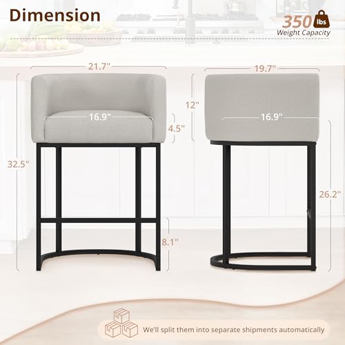 Image of LUE BONA Counter Height Bar Stools Set of 6, Modern Barrel Counter Stools with Backrest and Arms, Black Metal Frames, Linen Fabric Upholstered Accent Barstools for Kitchen Island, Light Gray