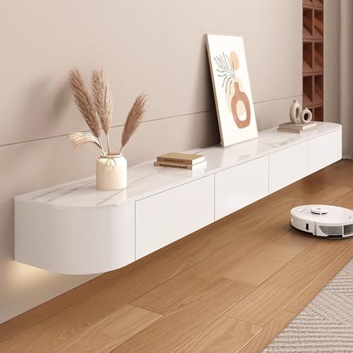 Meuble TV flottant blanc gain de place avec grands tiroirs de rangement