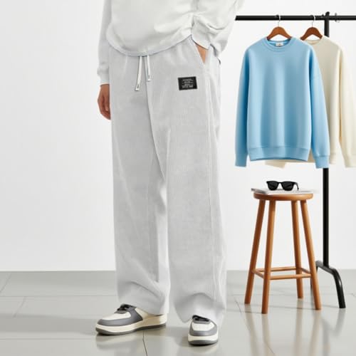 Mokaloha Mens Corduroy Pants, Men's Loose Fashion Ribbed Fabric Embroidered Logo Drawstring Trousers3