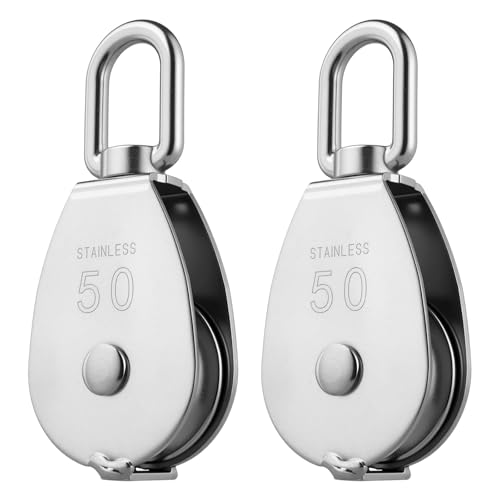 Rocaris 2 Pack M50 Single Pulley Snatch Block 304 Stainless Steel Lifting Crane Heavy Duty Swivel Hook, 3/8\" Rope x 2\" Sheave, 800 lbs Load
