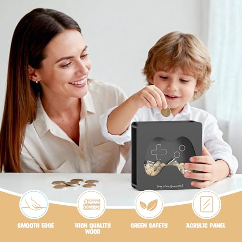 Image of Summidate Wooden Money Saving Box, Clear Window Cash Vault Savings Box with DIY Stickers, No-Assembly Handle Piggy Bank for Kids & Adults, Personalized Birthday /Baby Shower /Wedding Gift