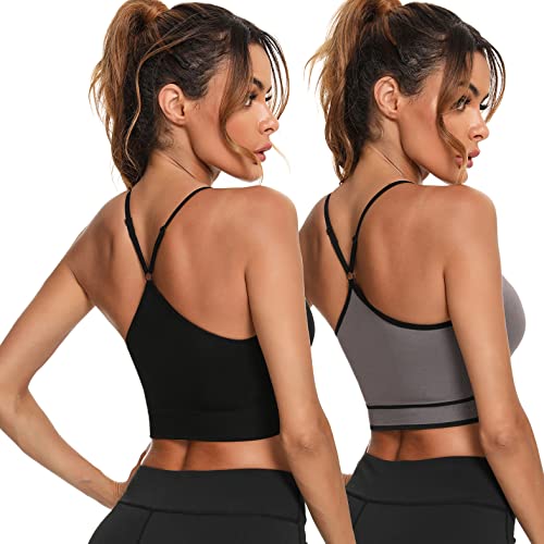 Sykooria Soutien- Gorge de Sport Femme sans Armature Élastique Brassière Push Up Dos Croisé Sexy Bra sans Couture Antichoc avec avec Rembourrement Amovible Fitness Running Yoga-B Noir + Gris-L Cover