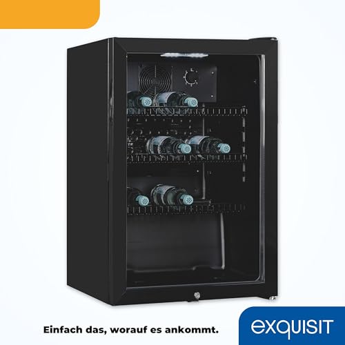 Exquisit Glastürkühlschrank GKS120-GT-160C schwarz | Nutzinhalt: 118 L | Türschloss | 3 Gitterablagen | Umluftventilator | Standgerät