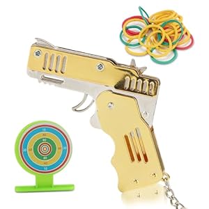 KIIDAS Rubber Band Gun Toy – Metal Folding Mini Launcher Toy Gun with Keychain and Bag of Bands – Safe and Durable Toy Gun for Endless Fun