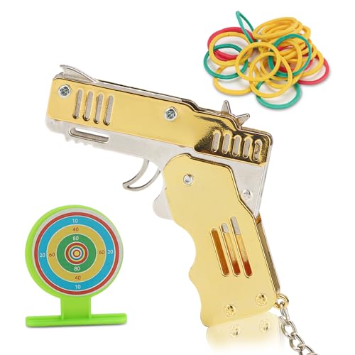 KIIDAS Rubber Band Gun Toy – Metal Folding Mini Launcher Toy Gun with Keychain and Bag of Bands – Safe and Durable Toy Gun for Endless Fun