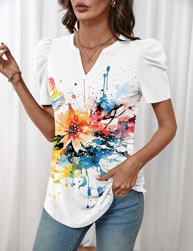 Image of LOMON Spring Summer Tops for Women 2026 V Neck Puff Short Sleeve Tops Fashion Trendy Work Blouses Dressy Casual S-XXL