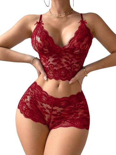 Image of Lilosy Sexy Sheer Floral Lace Pajamas Lingerie Set High Waist Sleepwear Bra and Panty 2 Piece Nightwear