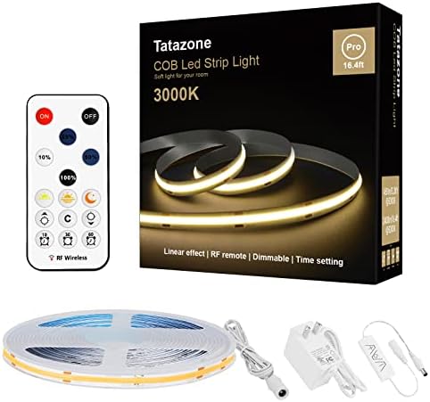 Tatazone White COB Led Strip Lights with RF Remote, 16.4ft 3000K Dimmable Bright Warm White COB Light Strip, Wireless Adhesive COB Led Lights for Living Room, Shelf