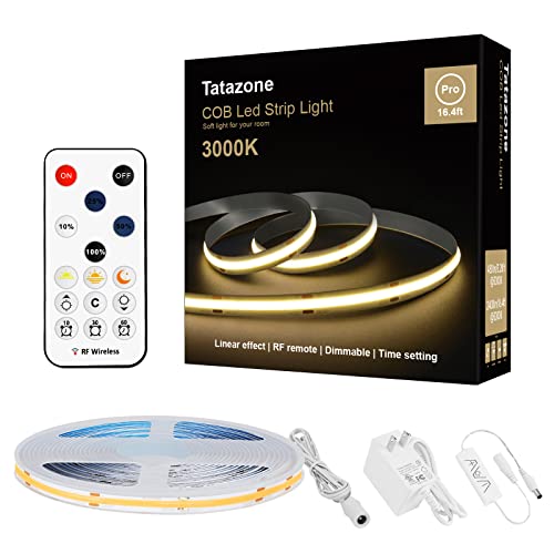 Tatazone White Cob Led Strip Lights With Rf Remote, 16.4Ft 3000K Dimmable Bright Warm White Cob Light Strip, Wireless Adhesive Cob Led Lights For Living Room, Shelf #TOP3