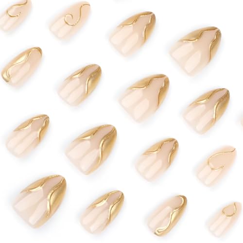 Image of Gold Nail Press ons French Tip Fake Nails with 3D Chrome Design Glossy Glue on Nails Reusable Artificial Acrylic Full Cover Nude Stick on Nail Short Almond False Nails for Women Manicure 24Pcs