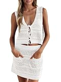 Picture of Saodimallsu Womens Crochet Swim Cover Up 2 Piece V Neck Sleeveless Front Tie Crop Tops Beach Mini Skirt Coverup Set White