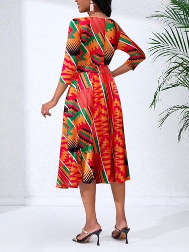Image of PerZeal Casual Midi Dress for Women African Floral Print Dress 3 /4 Sleeve Flowy Dress with Belt 2025 Boho Fashion XX-Large